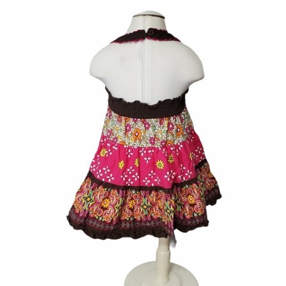 Blueberi Boulevard floral Summer Halter dress Size 12M Cotton Brown Pink - Picture 3 of 9